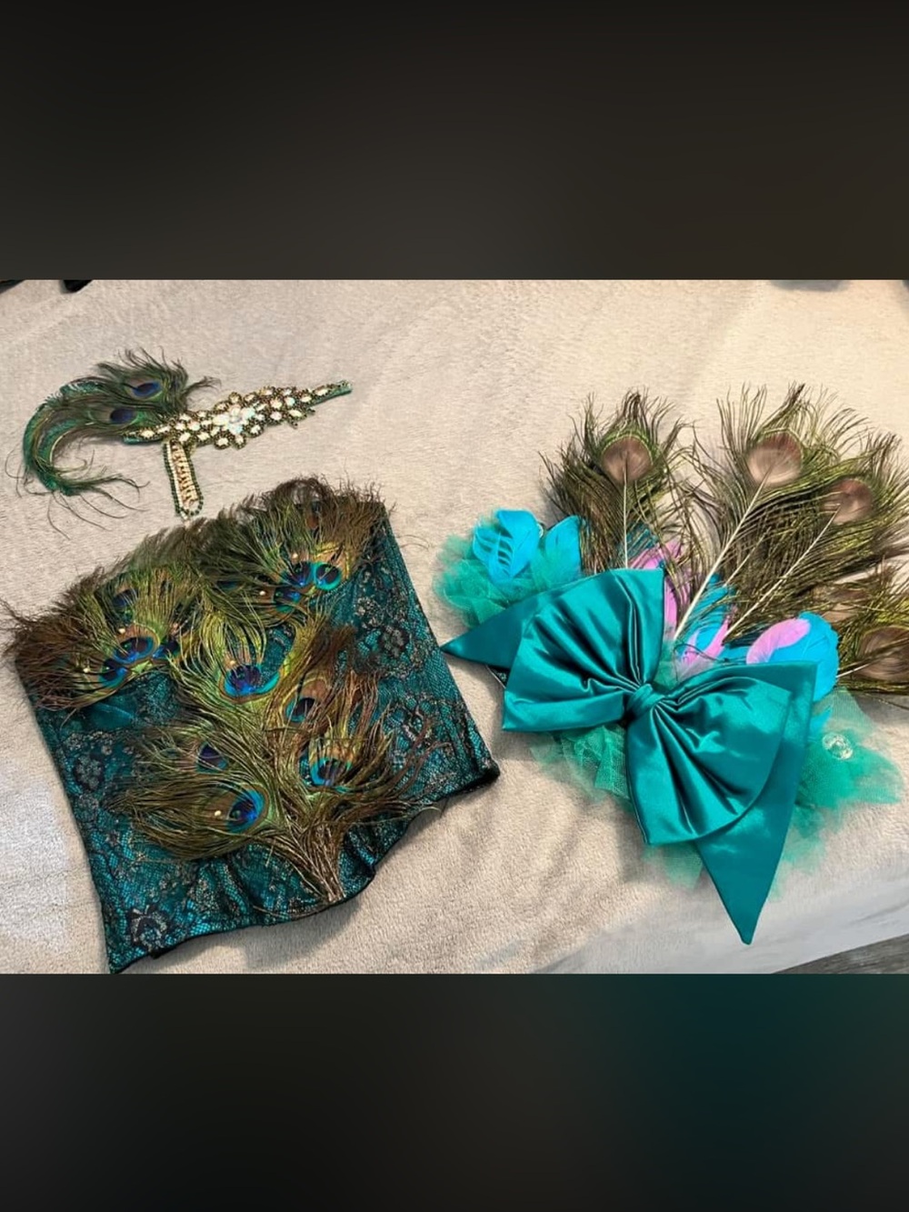 Sexy Peacock Halloween Costume Corset Real Tail Feathers 3PC Set Size S/M